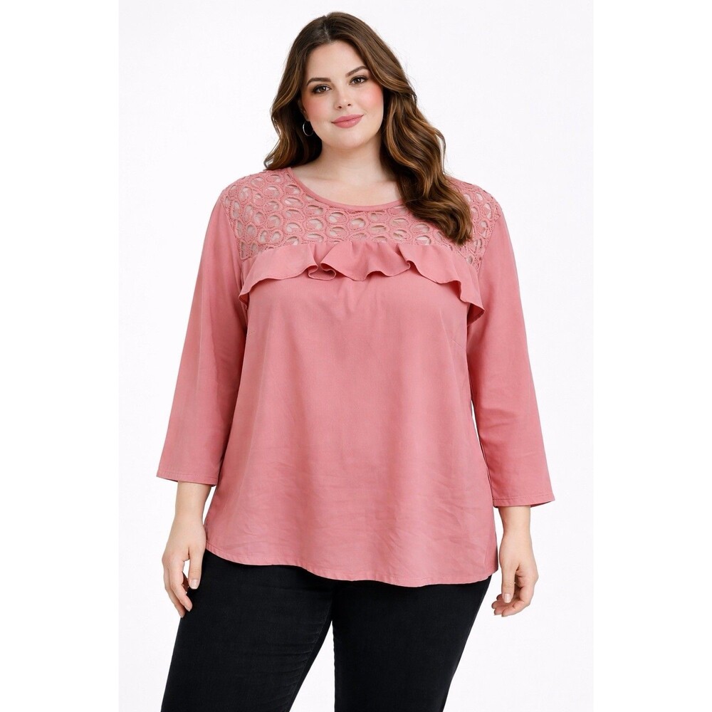 Anne Klein Women’s Pink Coral Lace Yoke Ruffle‎ Blouse 3/4 Sleeve  Size XL